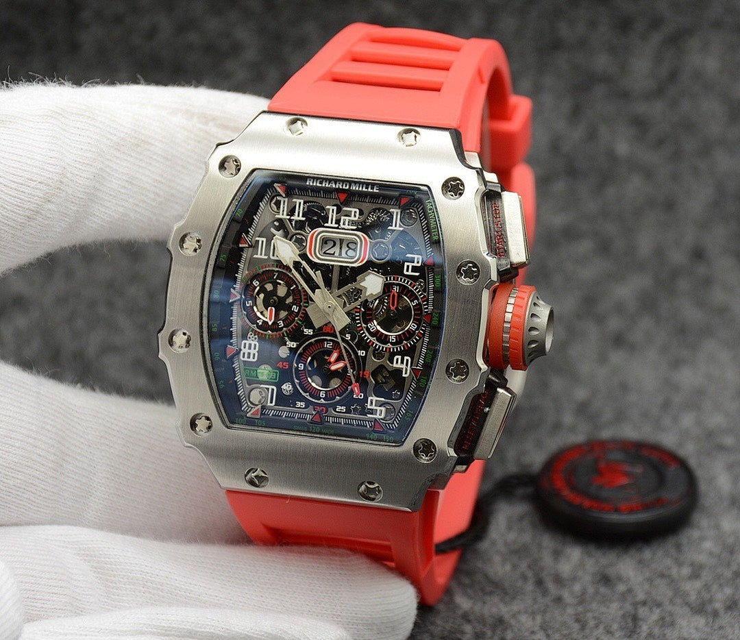 Richard Mille watch with silver case, red strap, colorful multi-dial skeleton face
