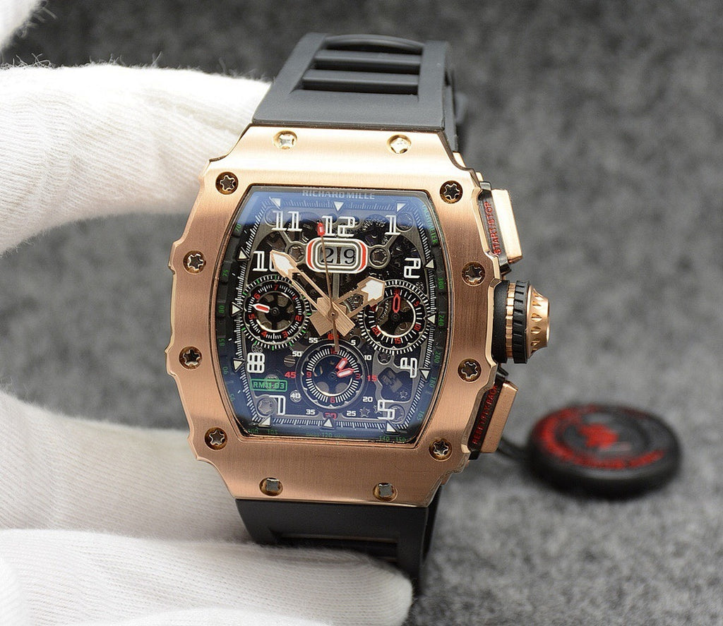 Richard Mille watch with silver case, black strap, colorful multi-dial skeleton face