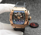 Richard Mille watch with silver case, black strap, colorful multi-dial skeleton face