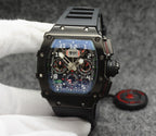 Richard Mille watch with black case, black strap, colorful multi-dial skeleton face
