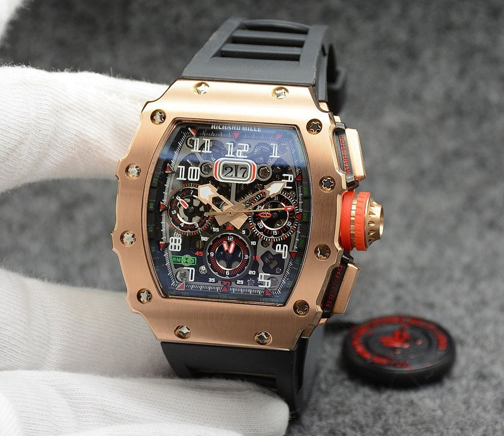 Richard Mille watch with rose-gold case, black strap, colorful multi-dial skeleton face