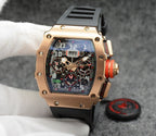 Richard Mille watch with rose-gold case, black strap, colorful multi-dial skeleton face