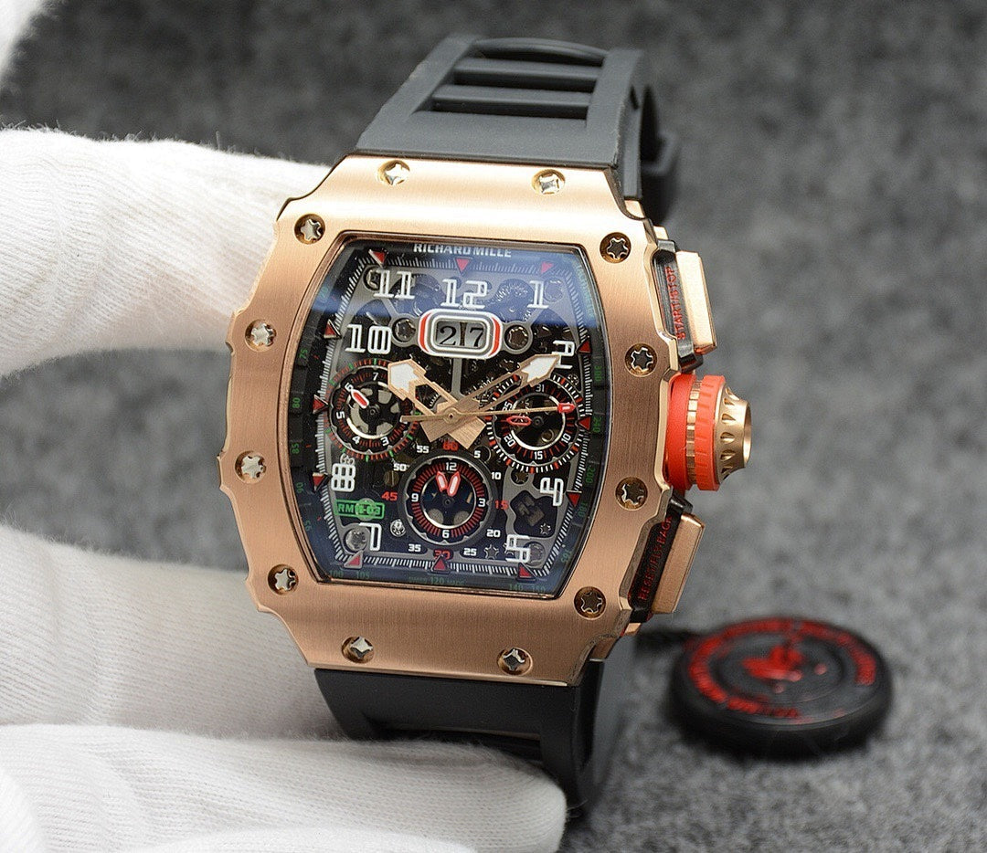 Richard Mille watch with rose-gold case, black strap, colorful multi-dial skeleton face