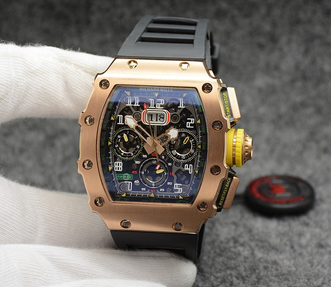 Richard Mille watch with rose-gold case, black strap, colorful multi-dial skeleton face