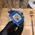 Richard Mille watch with blue case and black strap, openwork skeleton dial