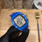 Richard Mille watch with blue case and black strap, skeleton dial detail