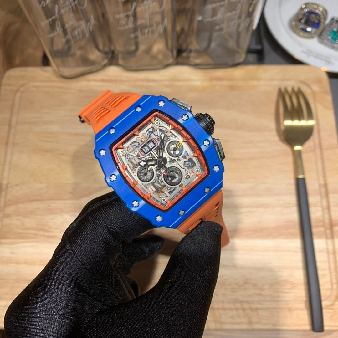 Richard Mille watch with blue case and orange strap, openwork skeleton dial