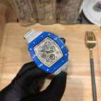 Richard Mille watch with blue case and white strap, openwork skeleton dial