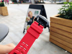 Richard Mille watch buckle view, red rubber strap with black clasp and engraved branding