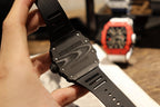 Richard Mille watch back view, black strap and case with side buttons