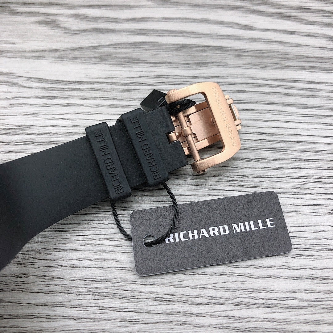 Richard Mille watch clasp on black rubber strap with brand tag