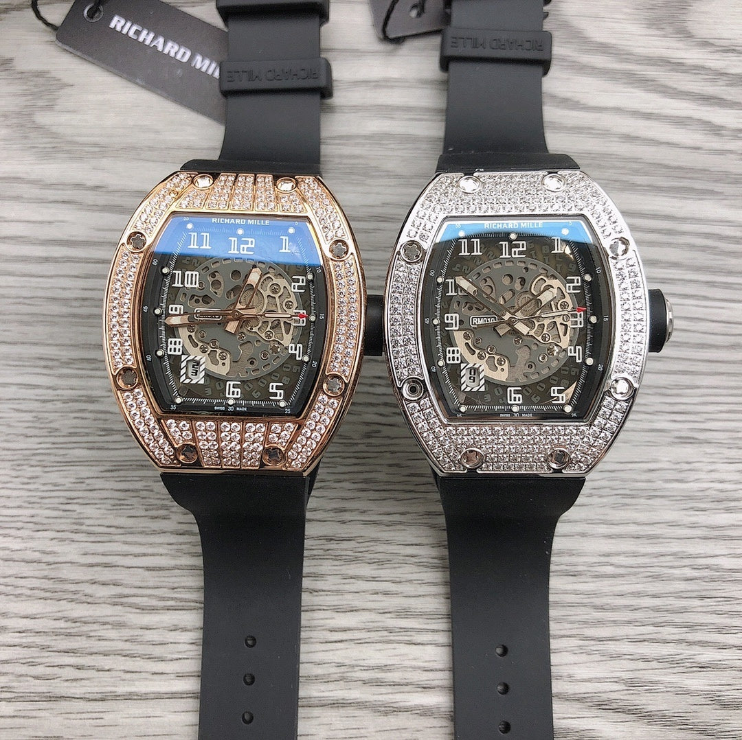 Two Richard Mille watches with diamond bezels: rose-gold and silver, black rubber straps