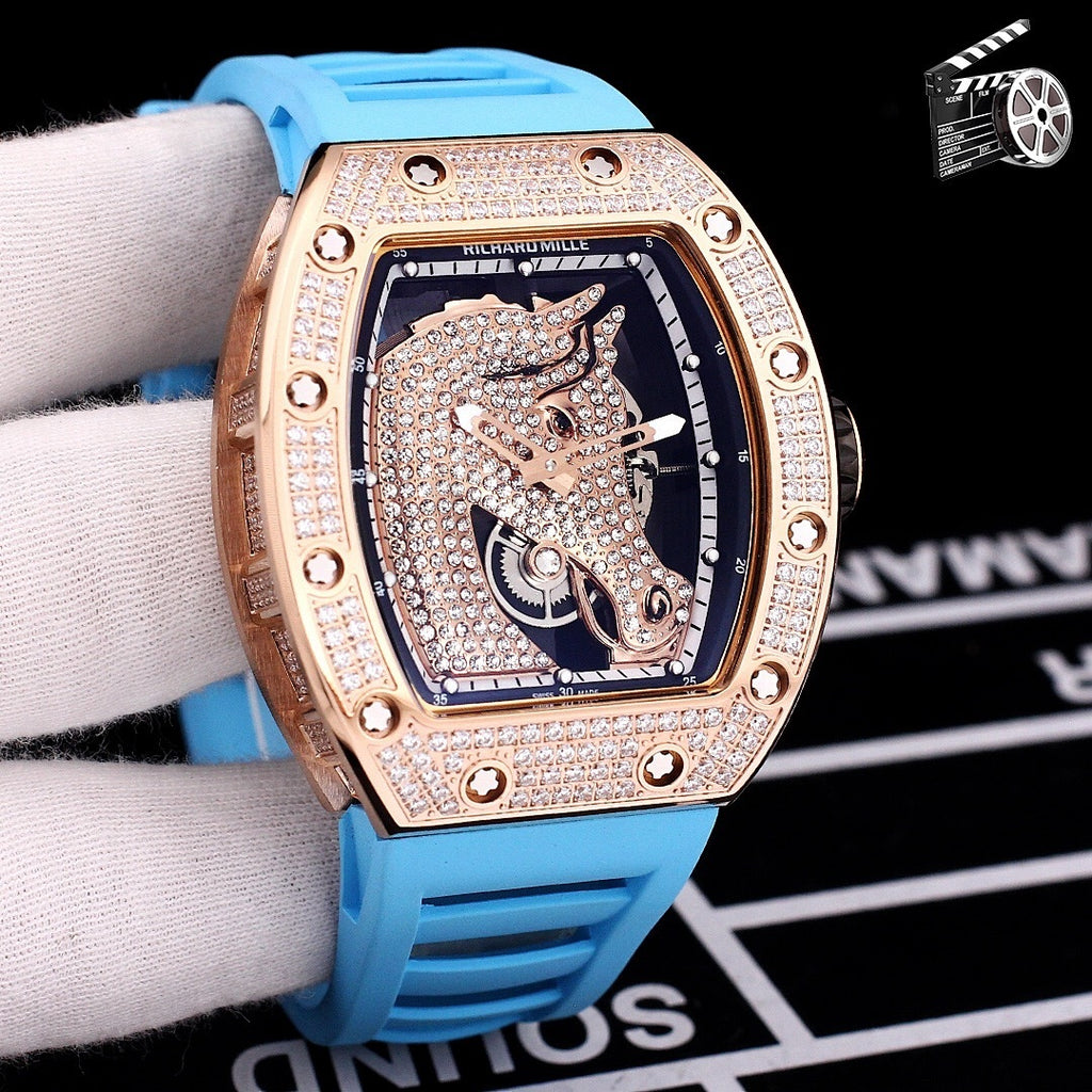 Richard Mille watch with blue rubber strap and diamond-studded rose-gold bezel
