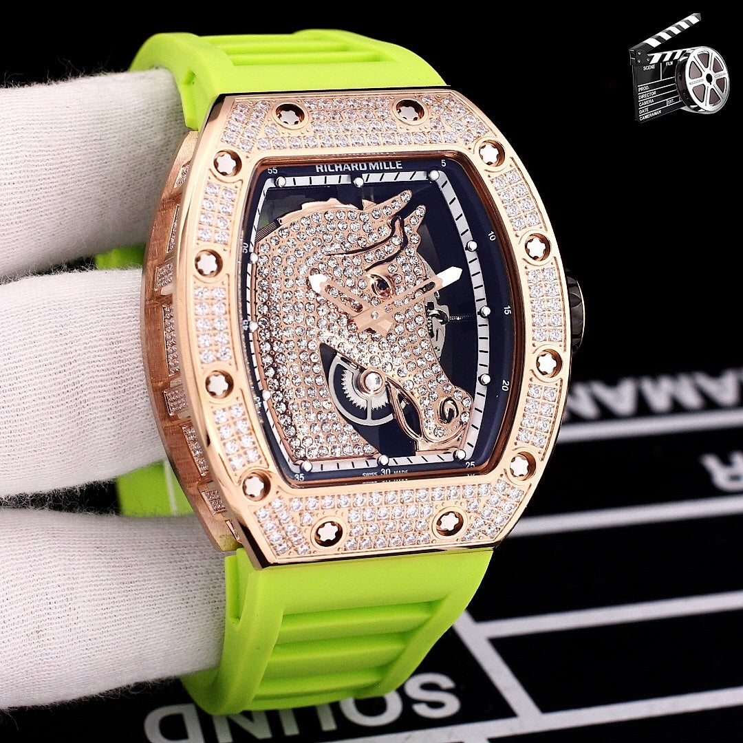 Richard Mille watch with lime-green rubber strap and diamond-studded rose-gold bezel