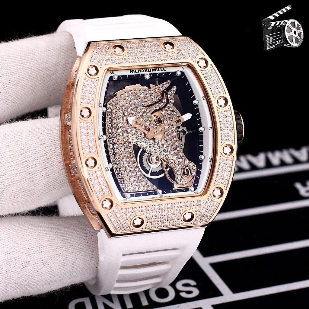 Richard Mille watch with white rubber strap and diamond-studded rose-gold bezel