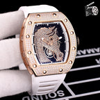 Richard Mille watch with white rubber strap and diamond-studded rose-gold bezel