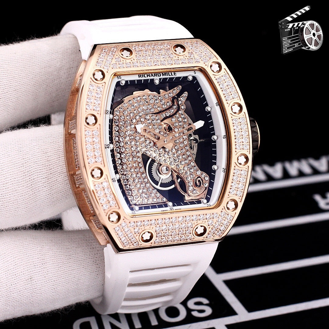 Richard Mille watch with white rubber strap and diamond-studded rose-gold bezel