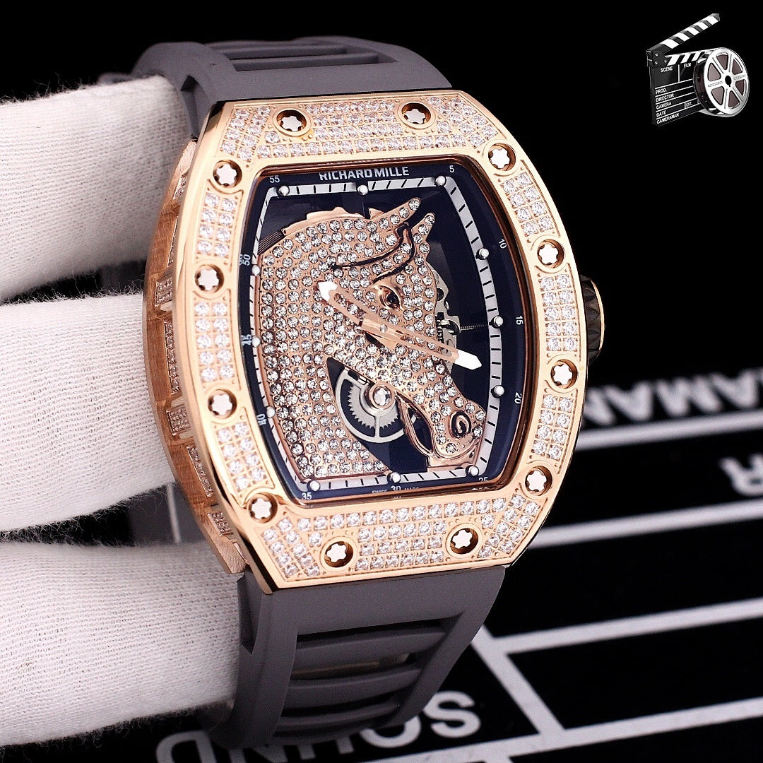 Richard Mille watch with gray rubber strap and diamond-studded rose-gold bezel