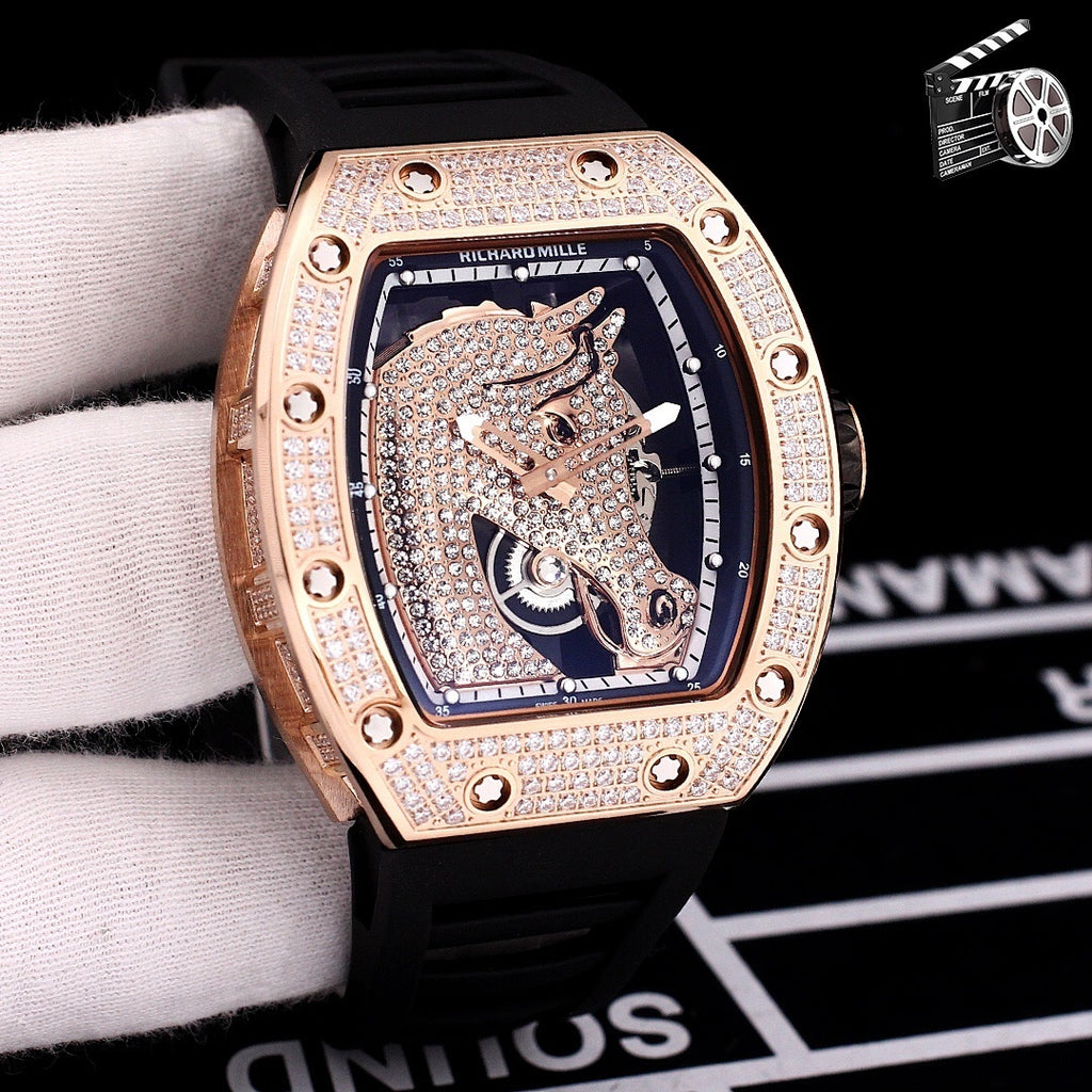 Richard Mille watch with black rubber strap and diamond-studded rose-gold bezel