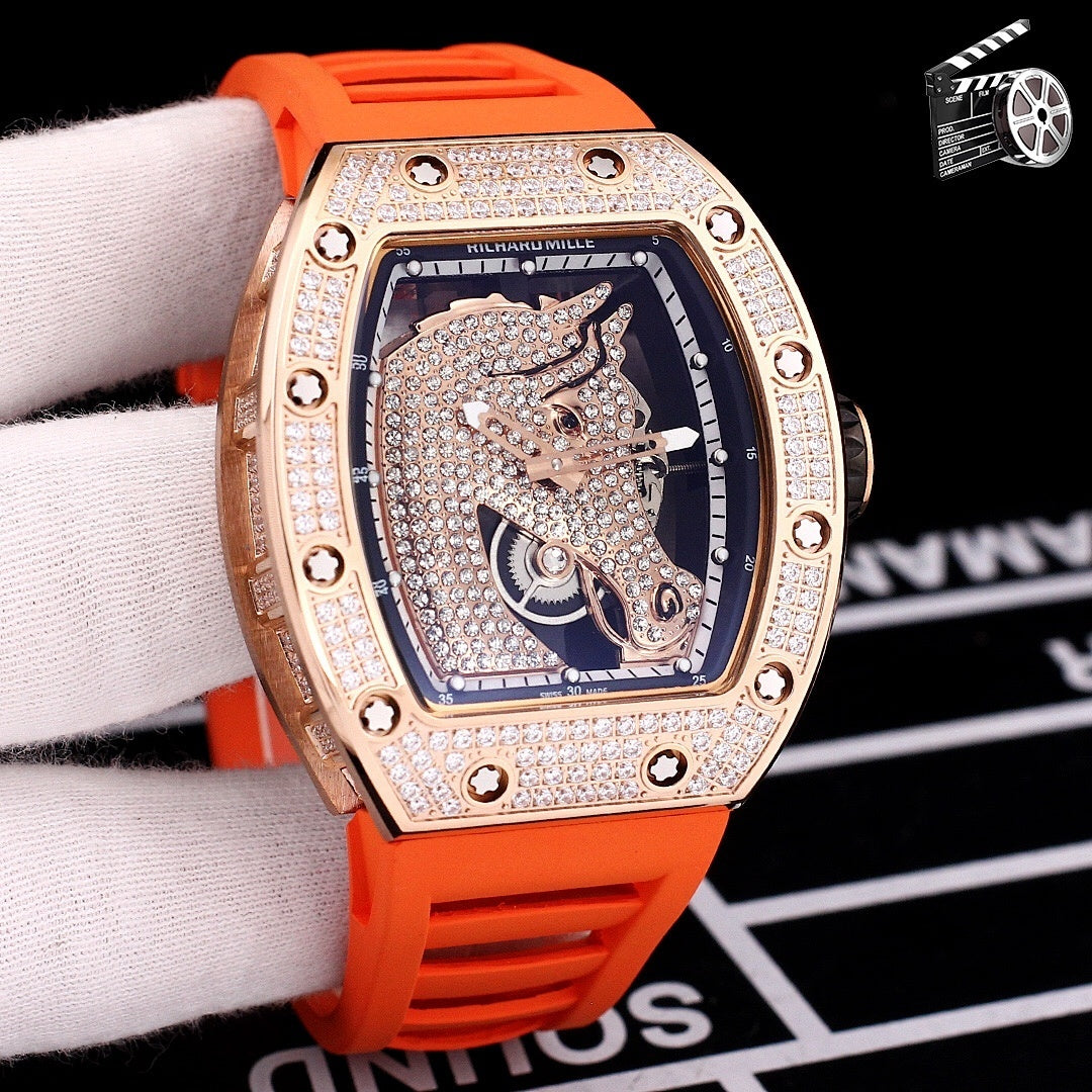 Richard Mille watch with orange rubber strap and diamond-studded rose-gold bezel