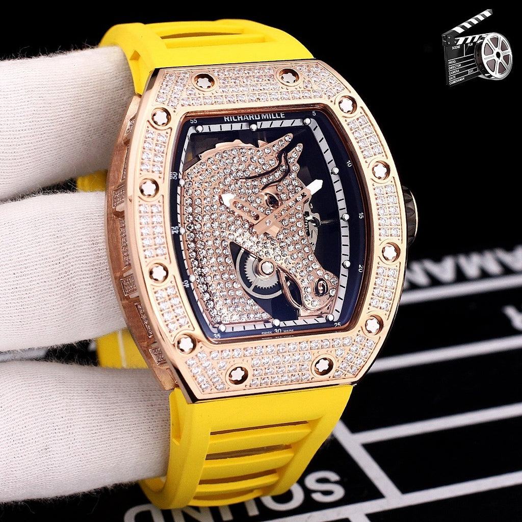 Richard Mille watch with yellow rubber strap and sparkling diamond bezel, front view