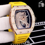 Richard Mille watch with yellow rubber strap and sparkling diamond bezel, front view