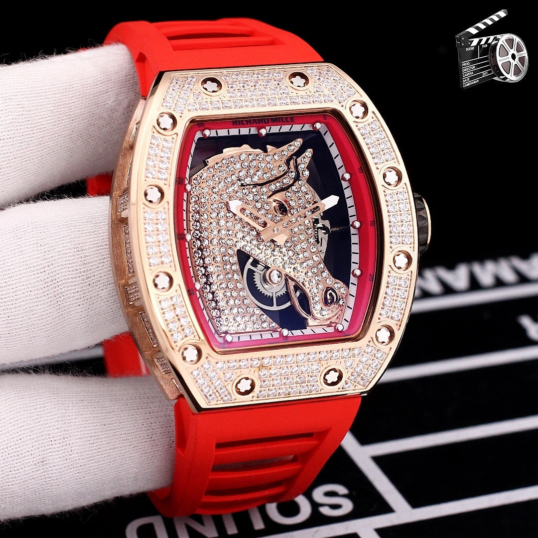 Richard Mille watch with red rubber strap and diamond-studded rose-gold bezel