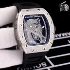 Richard Mille watch with diamond-set tonneau case, black rubber strap, blue skeleton dial