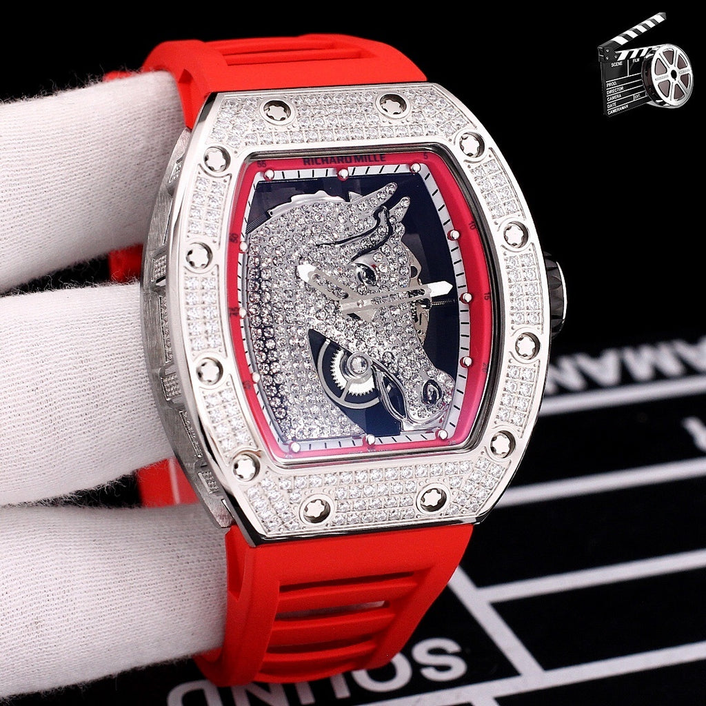 Richard Mille watch with diamond-set tonneau case, red rubber strap, skeleton dial with bezel