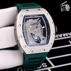 Richard Mille watch with diamond-set tonneau case, dark green rubber strap, blue skeleton dial