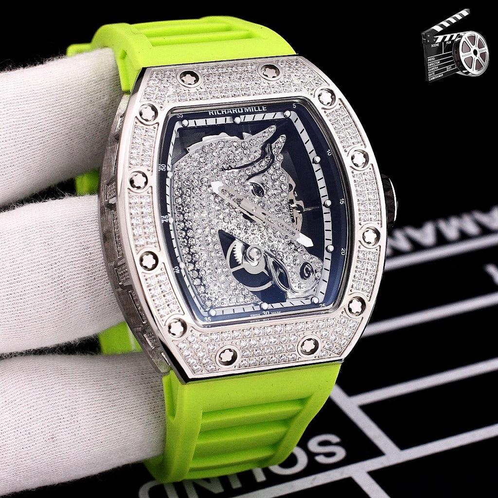 Richard Mille watch with diamond-set tonneau case, green rubber strap, skeleton dial