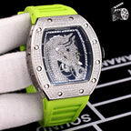 Richard Mille watch with diamond-set tonneau case, green rubber strap, skeleton dial