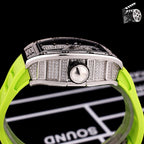 Richard Mille watch side profile with diamond-set bezel and green rubber strap