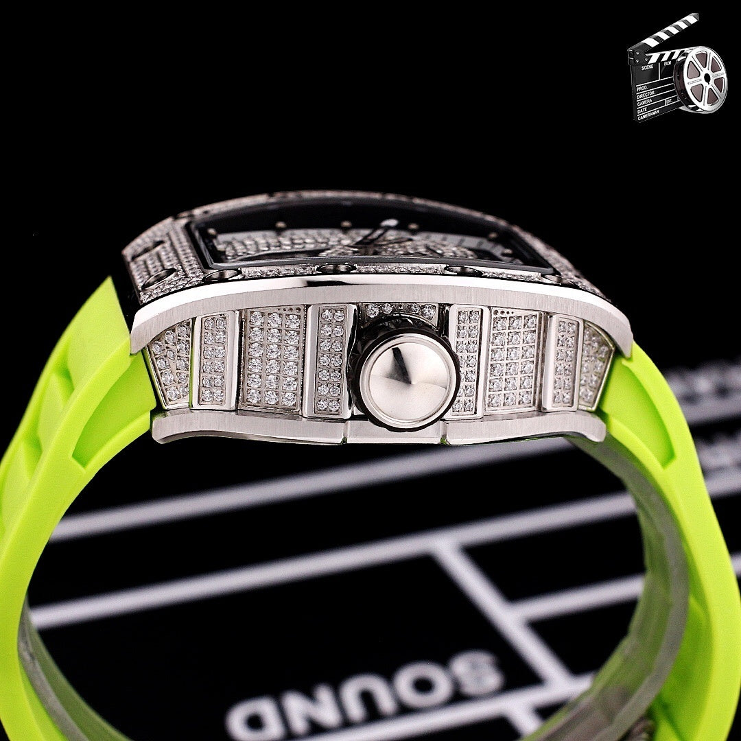 Richard Mille watch side profile with diamond-set bezel and green rubber strap