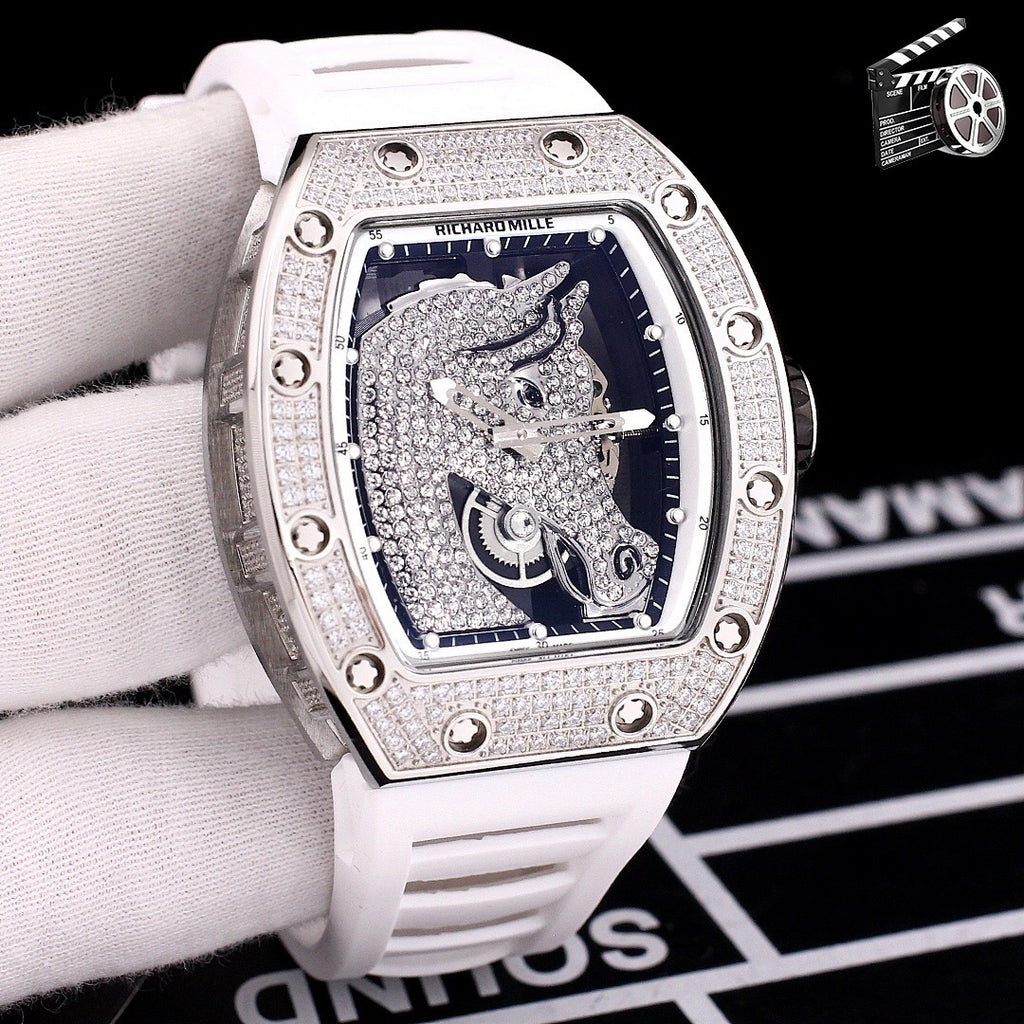 Richard Mille watch with diamond-set case, white rubber strap, blue skeleton dial view