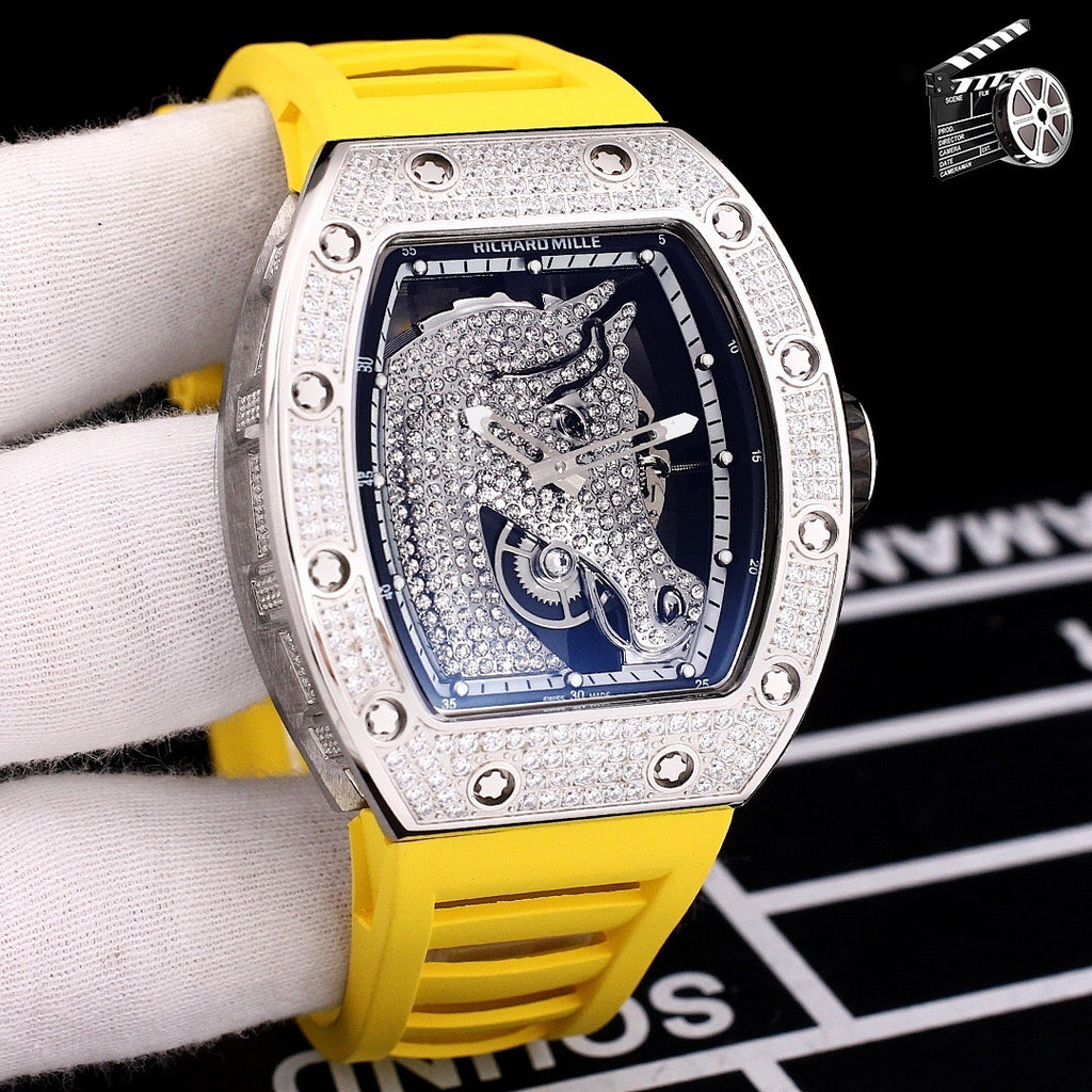 Richard Mille watch with diamond-set tonneau case, yellow rubber strap, skeleton dial