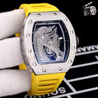 Richard Mille watch with diamond-set tonneau case, yellow rubber strap, skeleton dial