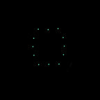 Dark watch dial with luminous minute markers and skeleton movement visible