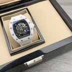 Richard Mille watch in gift box, white case and strap with blue-black skeleton dial
