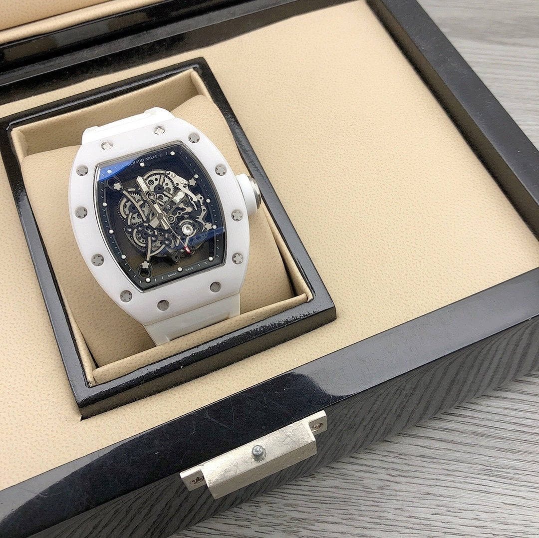 Richard Mille watch in gift box, white case and strap with blue-black skeleton dial