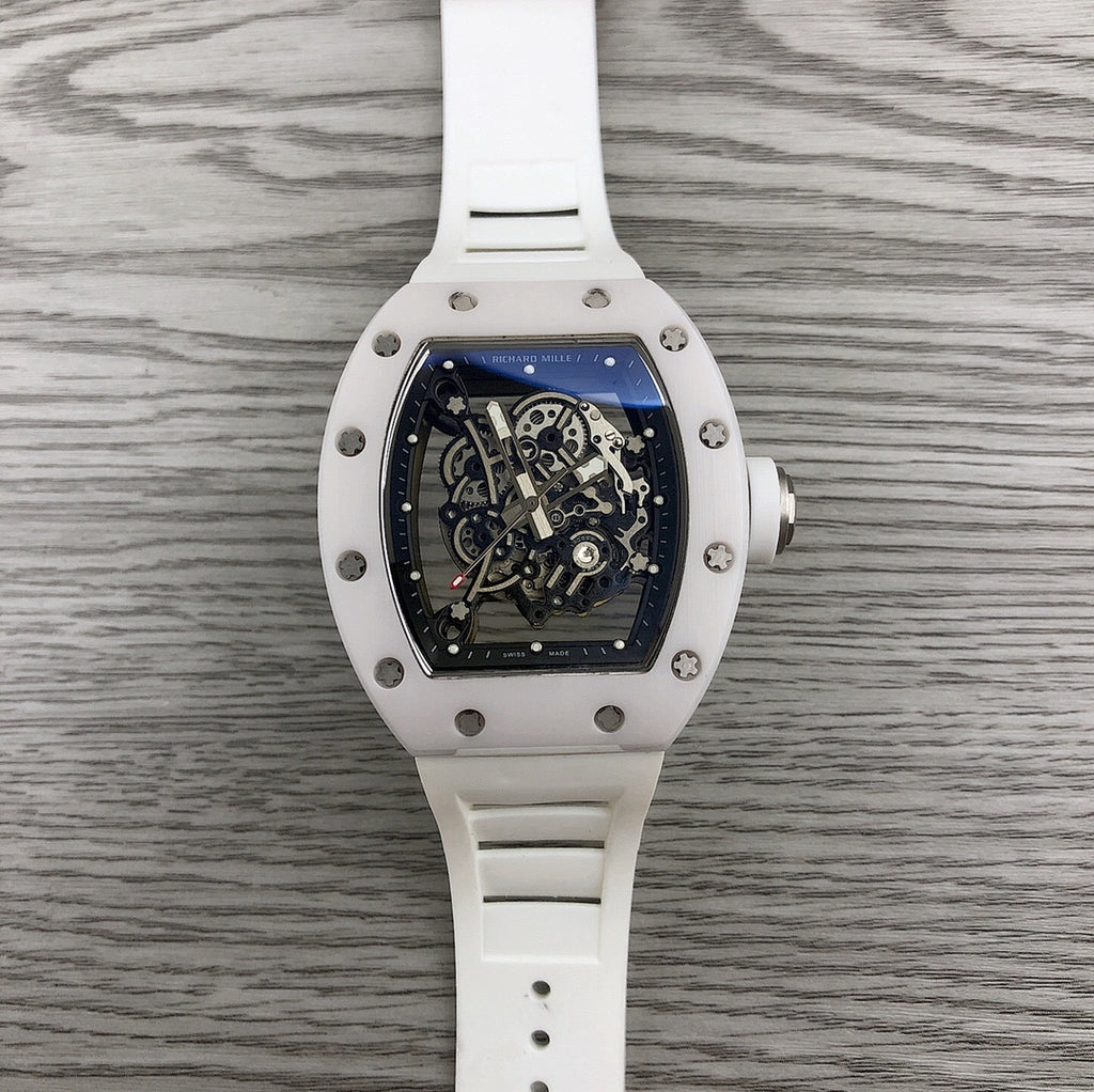 Richard Mille watch with white case and strap, skeleton dial in blue and black