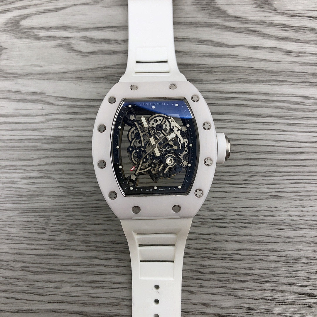 Richard Mille watch with white case and strap, skeleton dial in blue and black