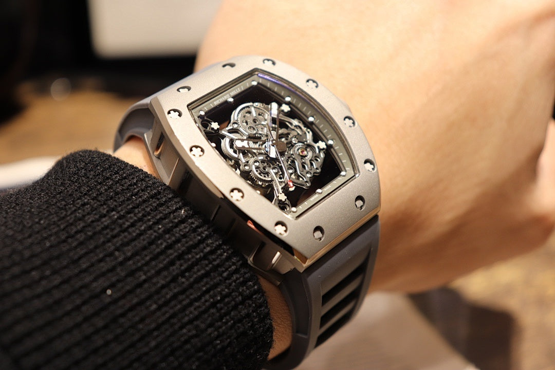 Richard Mille wristwatch angled view, skeleton dial in silver-toned case