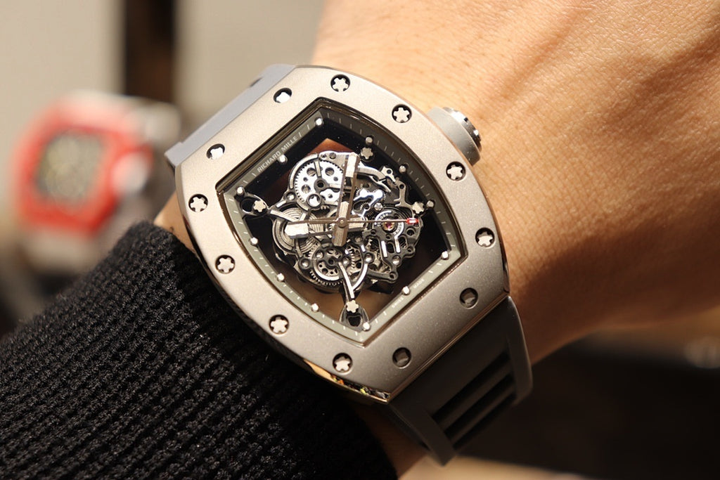 Richard Mille wristwatch with open-work dial and black rubber strap