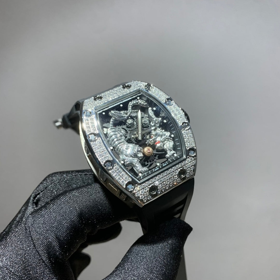 Silver-toned wristwatch with jeweled bezel, skeleton dial, and black strap