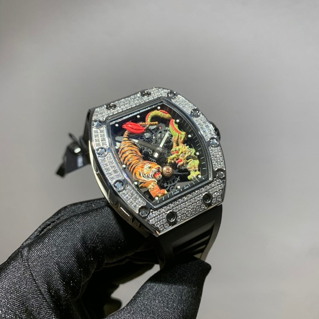 Silver-toned wristwatch with jeweled bezel, colorful skeleton dial, and black strap