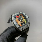 Silver-toned wristwatch with jeweled bezel, colorful skeleton dial, and black strap
