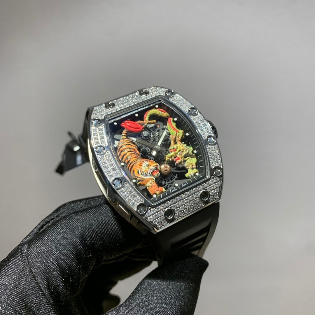 Silver-toned wristwatch with jeweled bezel, colorful skeleton dial, and black strap