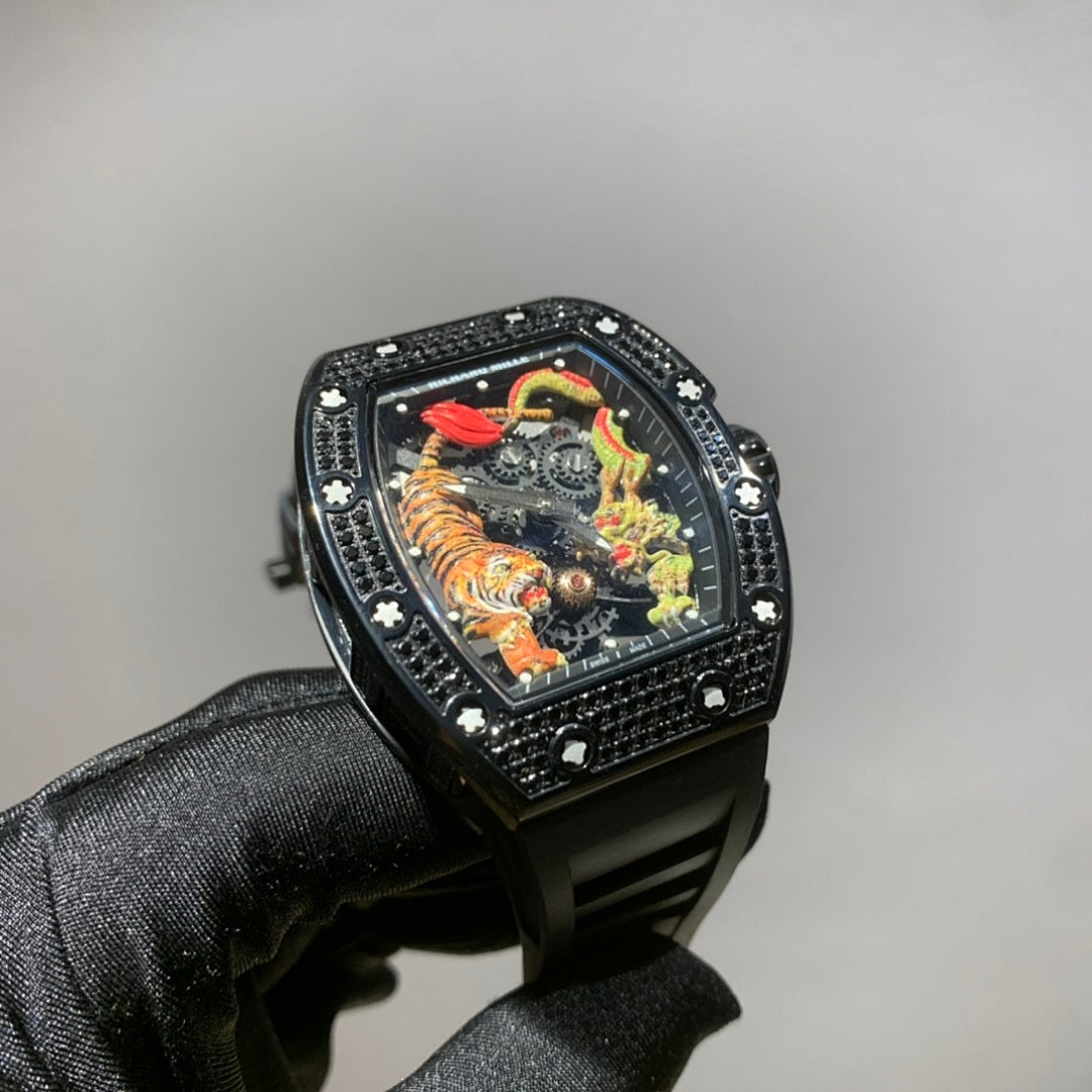 Dark-toned wristwatch with jeweled bezel, colorful skeleton dial, and black strap