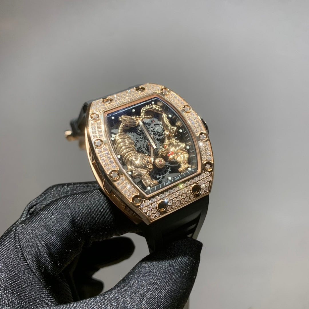 Gold-toned wristwatch with jeweled bezel, skeleton dial, and black strap